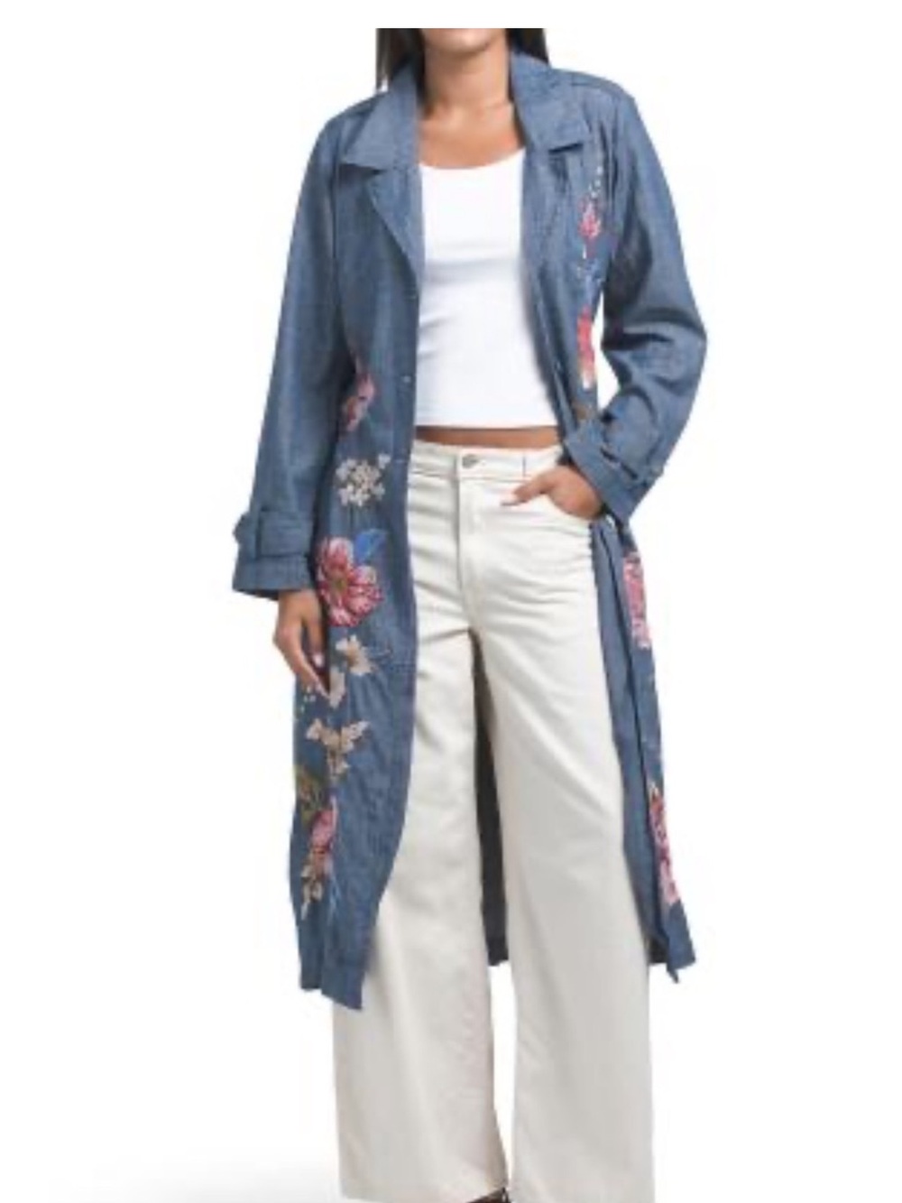 Johnny Was Blue Chambray Denim Dress-Trench Coat with Multicolor Floral Embroide